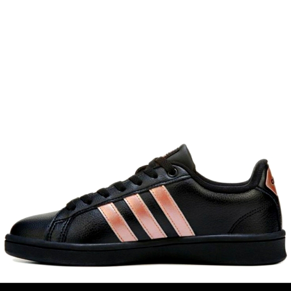 black adidas shoes with rose gold stripes